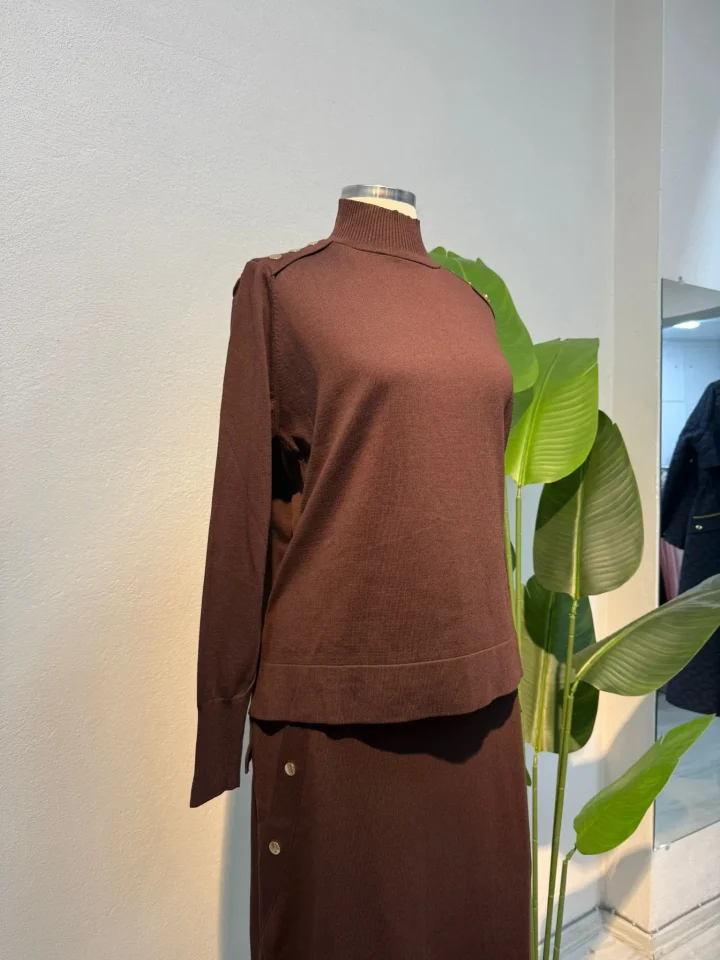 Merserize Zımba Detaylı Etekli Takım Acı Kahve - Entare Butik