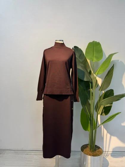 Merserize Zımba Detaylı Etekli Takım Acı Kahve - Entare Butik