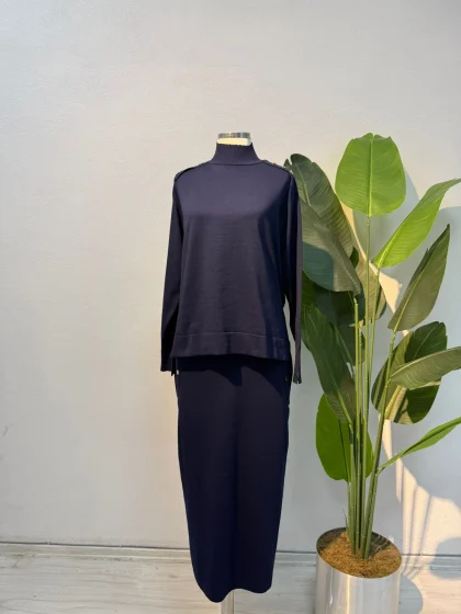 Merserize Zımba Detaylı Etekli Takım Lacivert - Entare Butik