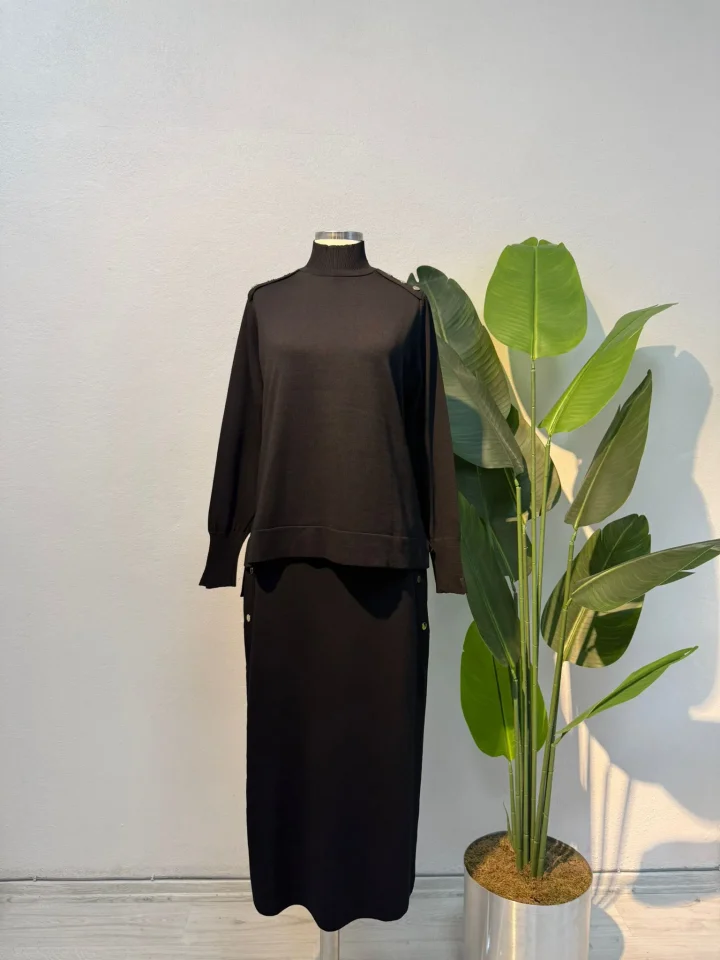 Merserize Zımba Detaylı Etekli Takım Siyah - Entare Butik