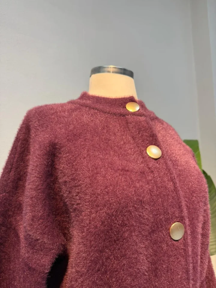 Angora Bisiklet Yaka Bek Büzgülü Hırka Mürdüm - Entare Butik