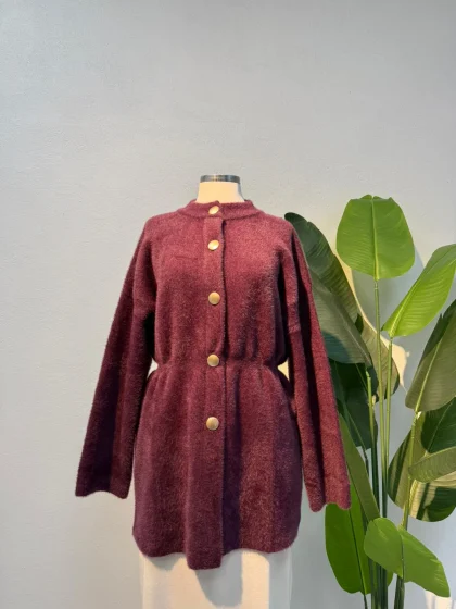 Angora Bisiklet Yaka Bek Büzgülü Hırka Mürdüm - Entare Butik