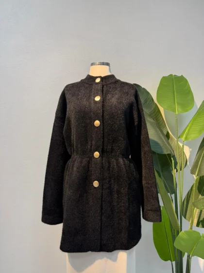 Angora Bisiklet Yaka Bek Büzgülü Hırka Siyah - Entare Butik