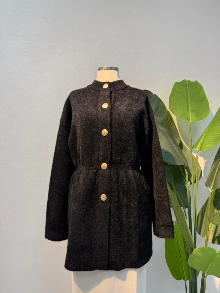 Angora Bisiklet Yaka Bek Büzgülü Hırka Siyah - Entare Butik