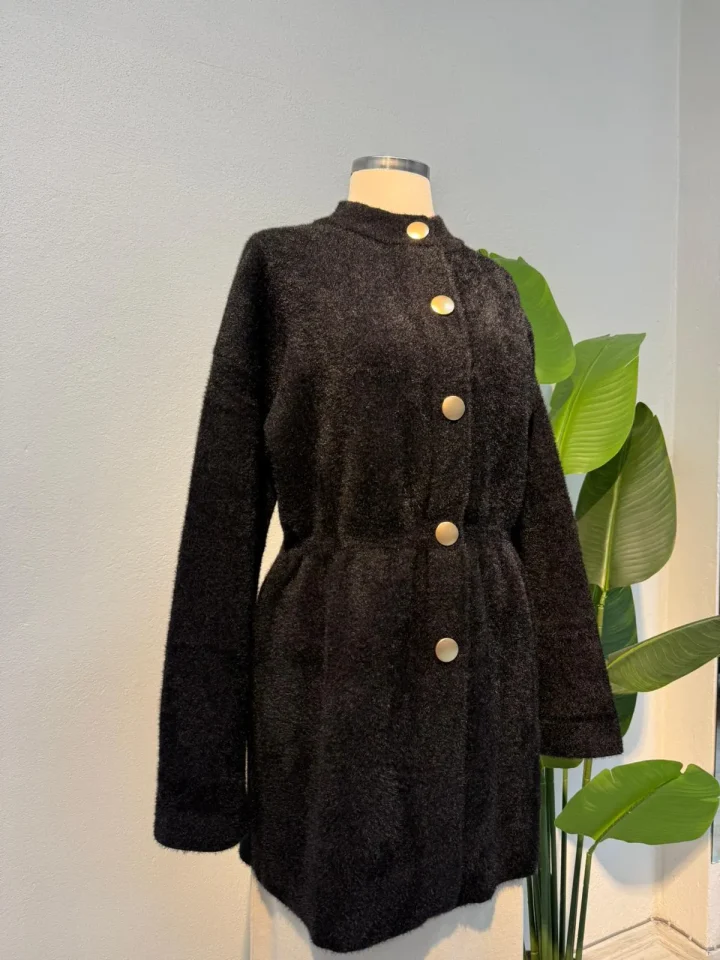 Angora Bisiklet Yaka Bek Büzgülü Hırka Siyah - Entare Butik