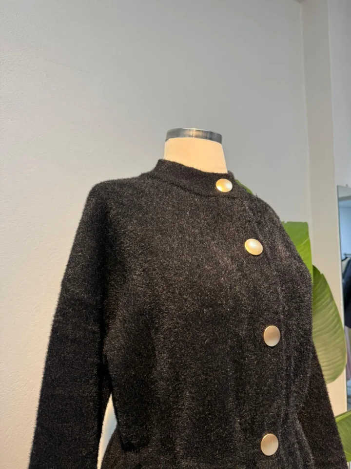 Angora Bisiklet Yaka Bek Büzgülü Hırka Siyah - Entare Butik