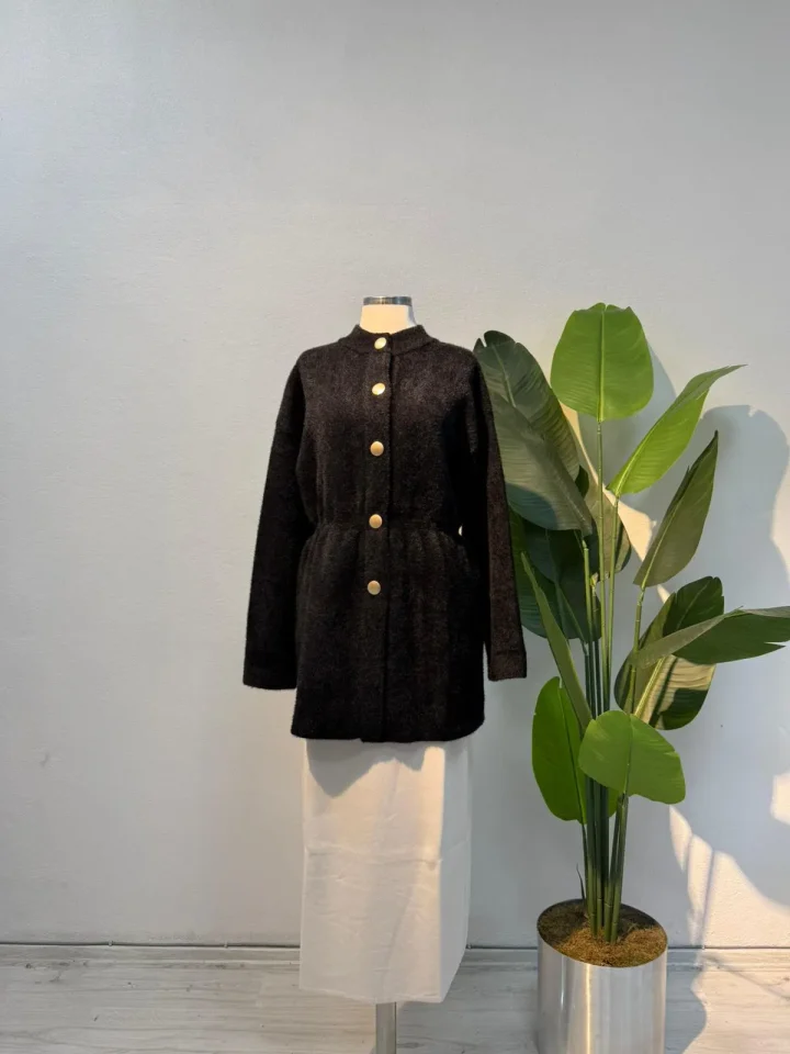 Angora Bisiklet Yaka Bek Büzgülü Hırka Siyah - Entare Butik