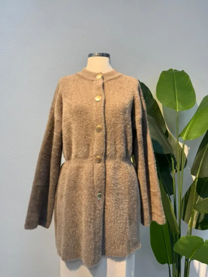 Angora Bisiklet Yaka Bek Büzgülü Hırka Sütlü Kahve - Entare Butik