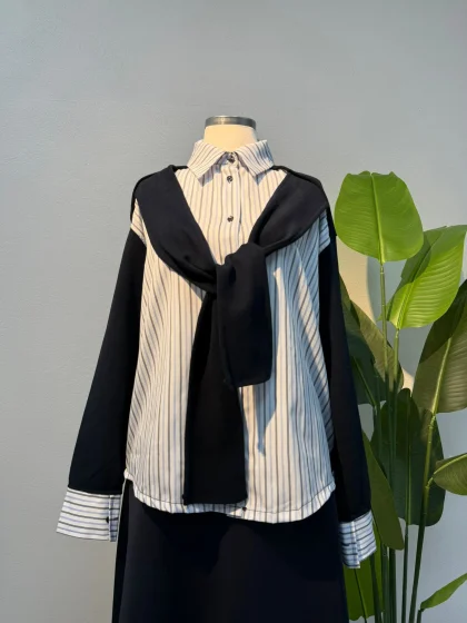 Bağlama Detay Gömlek Mavi Çizgili - Entare Butik