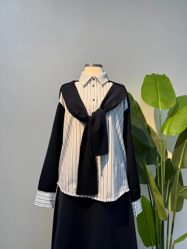 Bağlama Detay Gömlek Mavi Çizgili - Entare Butik