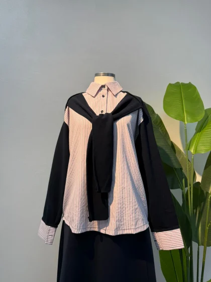 Bağlama Detay Gömlek Pembe Çizgili - Entare Butik