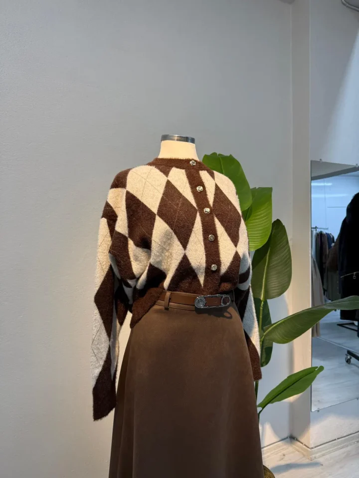 Baklava Desen Angora Hırka Kahve - Entare Butik