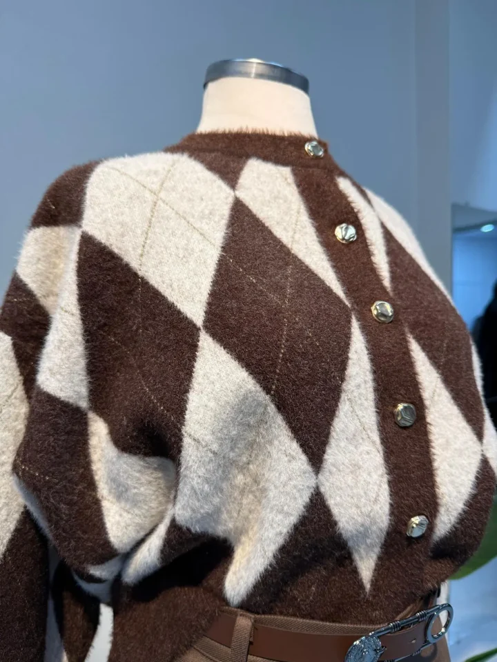 Baklava Desen Angora Hırka Kahve - Entare Butik