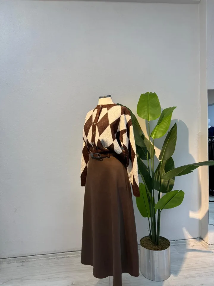 Baklava Desen Angora Hırka Kahve - Entare Butik