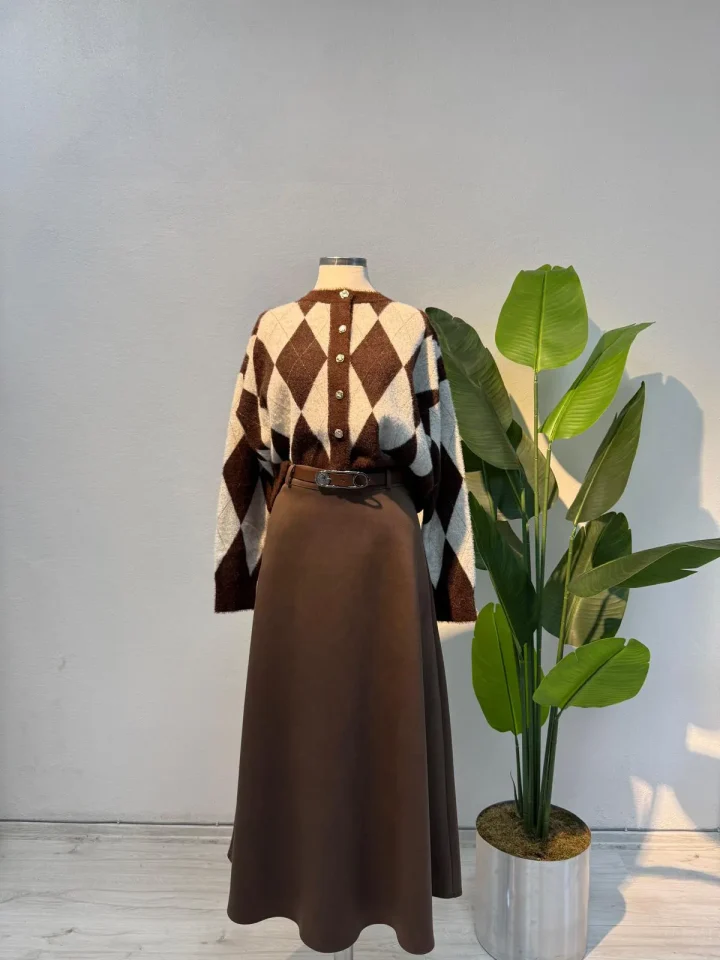 Baklava Desen Angora Hırka Kahve - Entare Butik