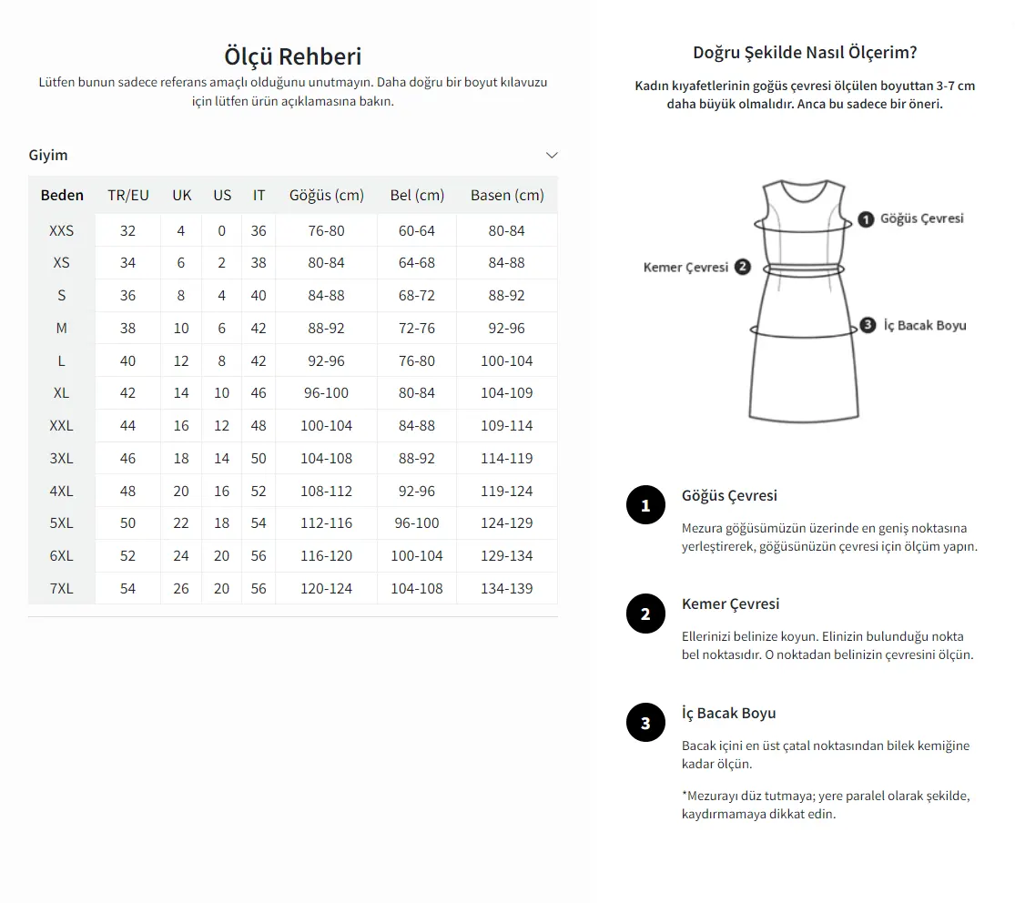 Beden Tablosu Entare Butik