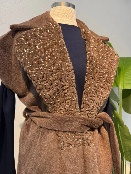 Boncuk İşlemeli Kürk Yelek Kahverengi - Entare Butik