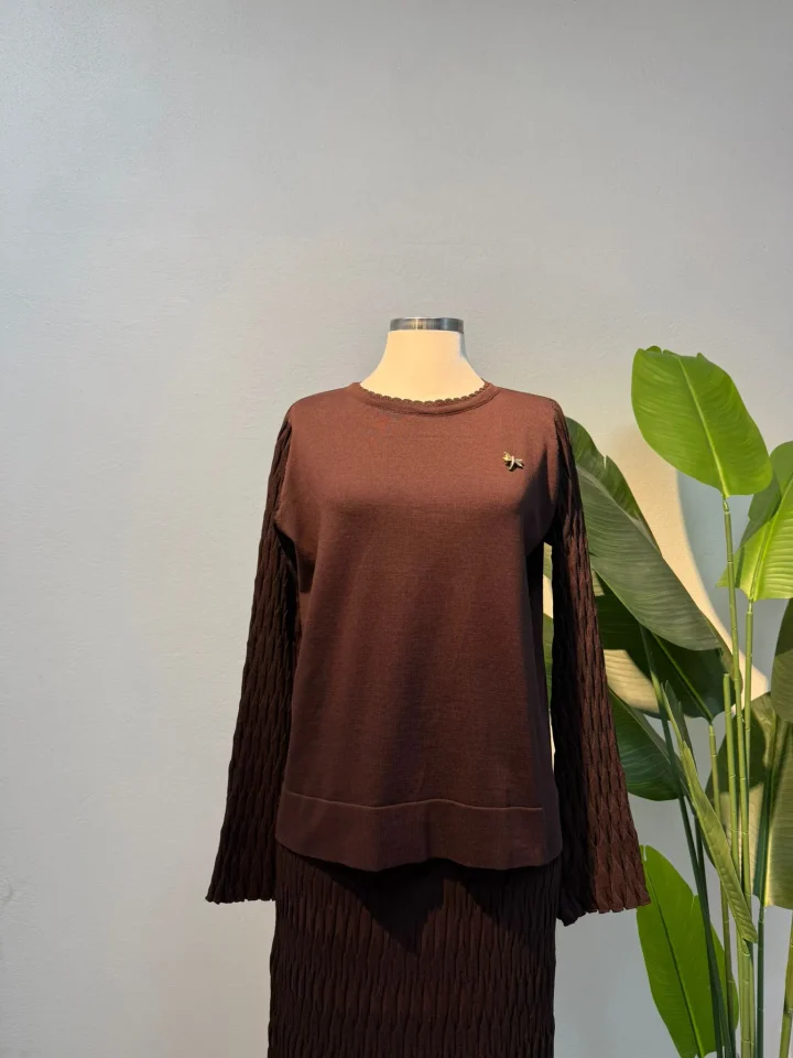 Broş Detay Merserize Etekli Takım Acı Kahve - Entare Butik