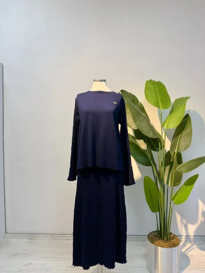 Broş Detay Merserize Etekli Takım Lacivert - Entare Butik