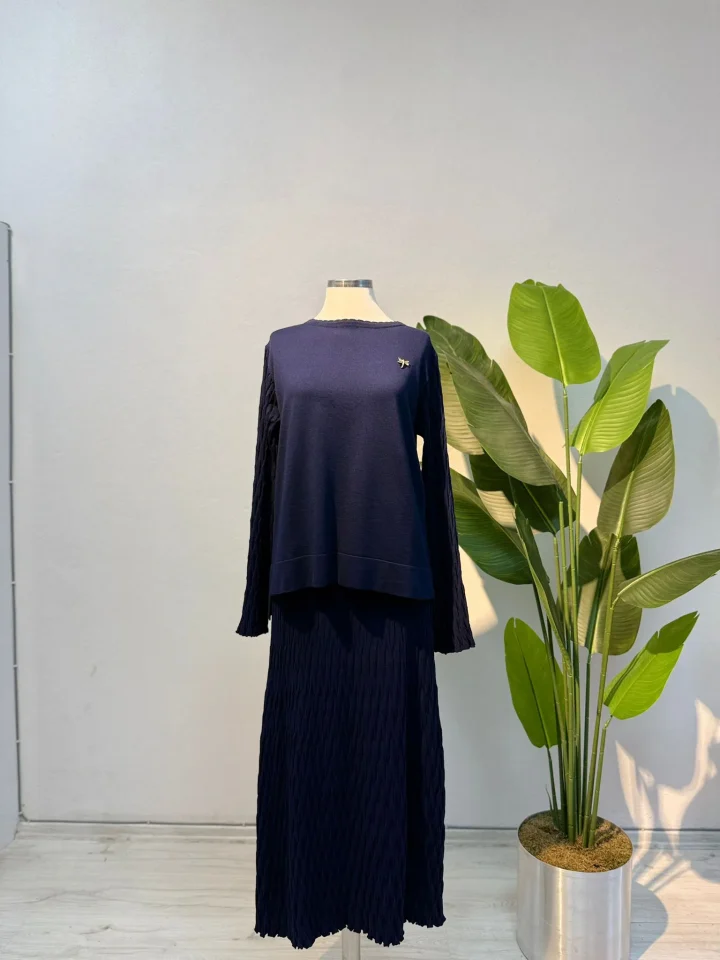 Broş Detay Merserize Etekli Takım Lacivert - Entare Butik