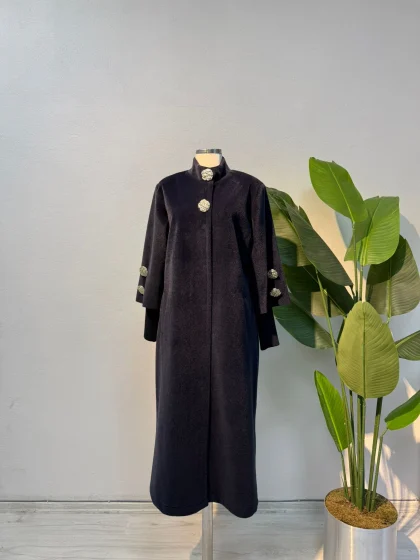 Broş Detaylı Kürk Kaban Lacivert - Entare Butik