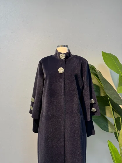 Broş Detaylı Kürk Kaban Lacivert - Entare Butik