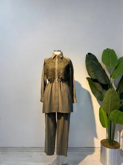 Dantel Detaylı Takım Yeşil - Entare Butik