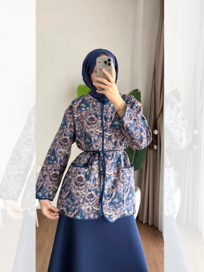 Etnik Desen İnce Kapitone Ceket Lacivert - Entare Butik