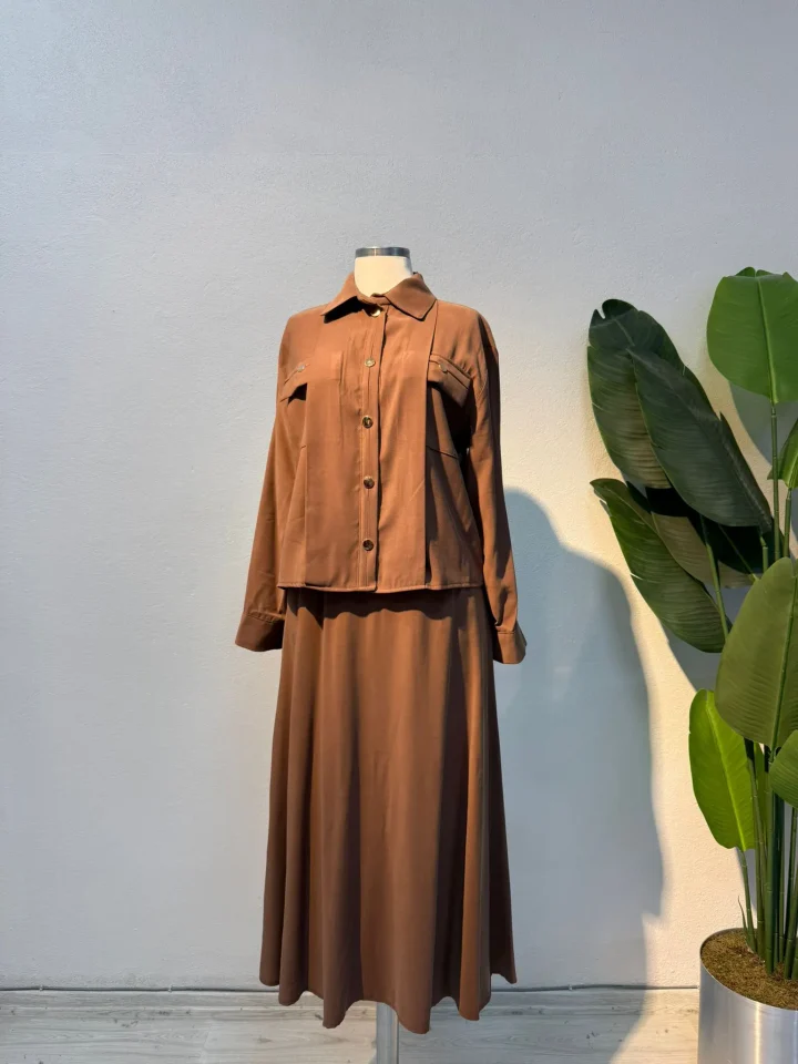 Gold Zımba Detaylı Etekli Takım Kahve - Entare Butik