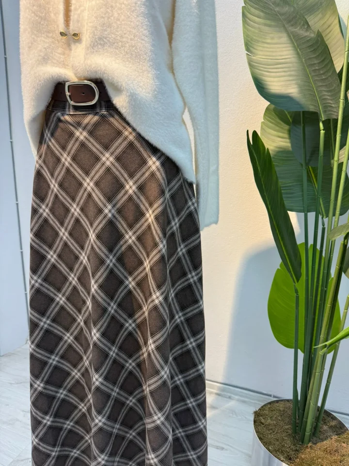 Kemerli Ekose Etek Kahve - Entare Butik