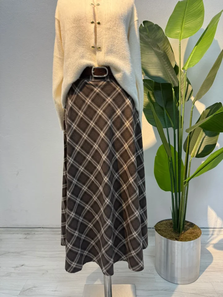 Kemerli Ekose Etek Kahve - Entare Butik