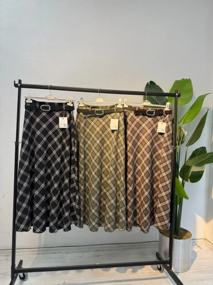 Kemerli Ekose Etek Tüm Renkler - Entare Butik