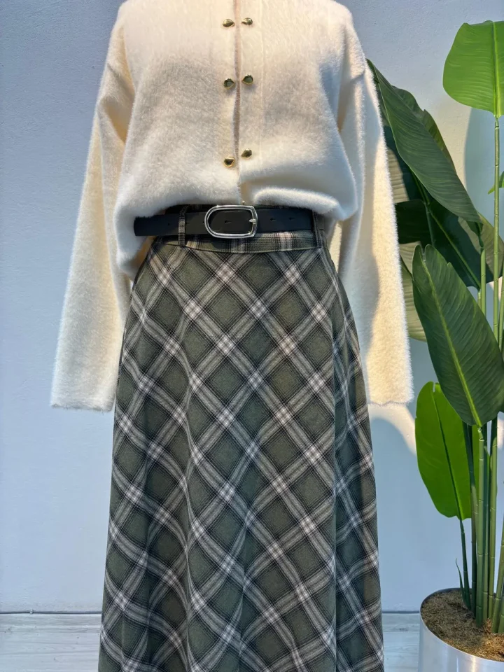 Kemerli Ekose Etek Yeşil - Entare Butik