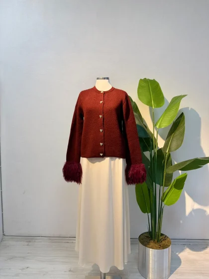 Kol Püskül Detay Hırka Bordo - Entare Butik