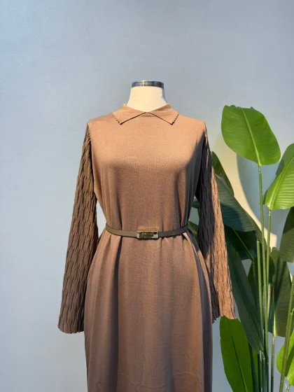 Merserize Kol Detay Elbise Sütlü Kahve - Entare Butik