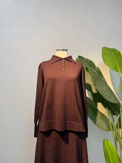 Polo Yaka Düğmeli Merserize Etekli Takım Sütlü Acı Kahve - Entare Butik