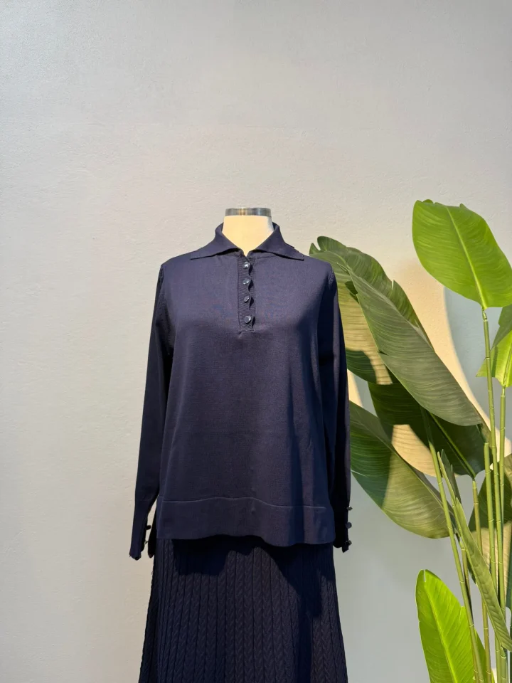 Polo Yaka Düğmeli Merserize Etekli Takım Sütlü Lacivert - Entare Butik
