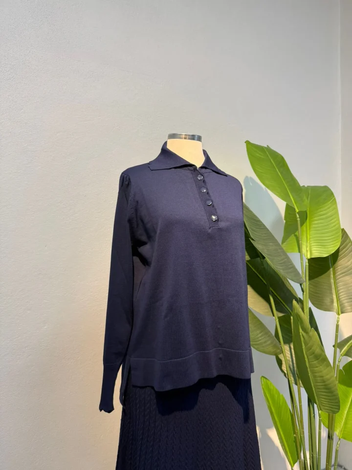 Polo Yaka Düğmeli Merserize Etekli Takım Sütlü Lacivert - Entare Butik