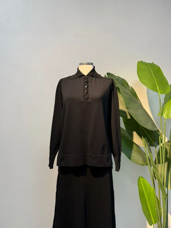 Polo Yaka Düğmeli Merserize Etekli Takım Sütlü Siyah - Entare Butik