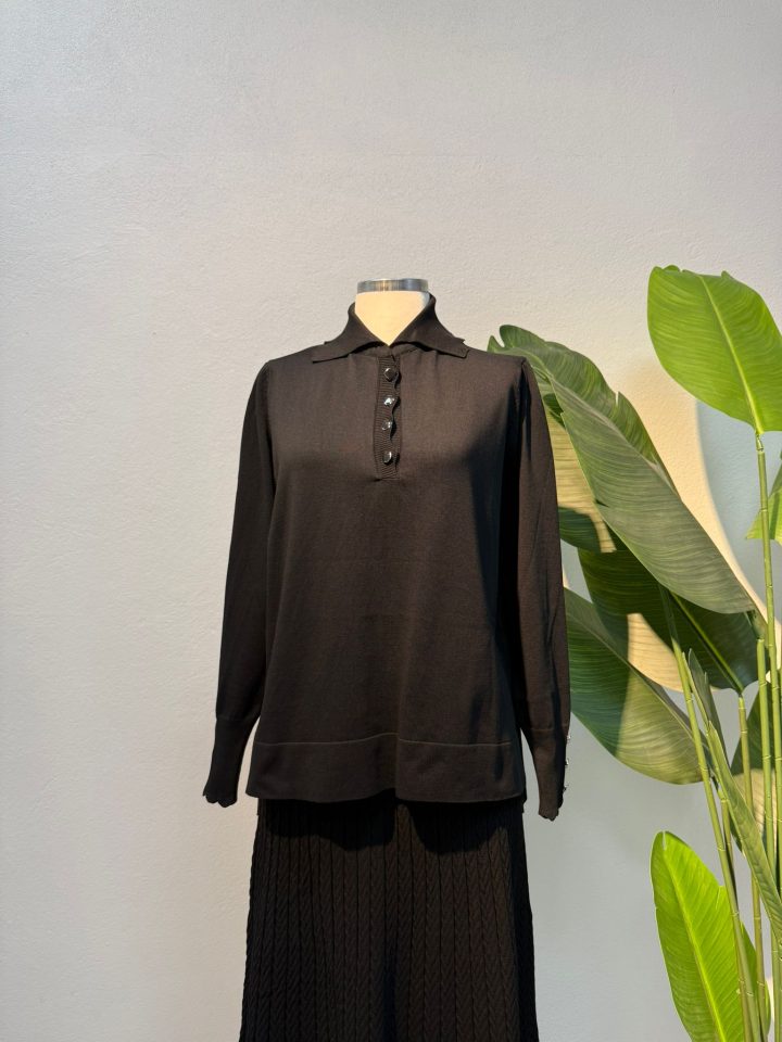 Polo Yaka Düğmeli Merserize Etekli Takım Sütlü Siyah - Entare Butik