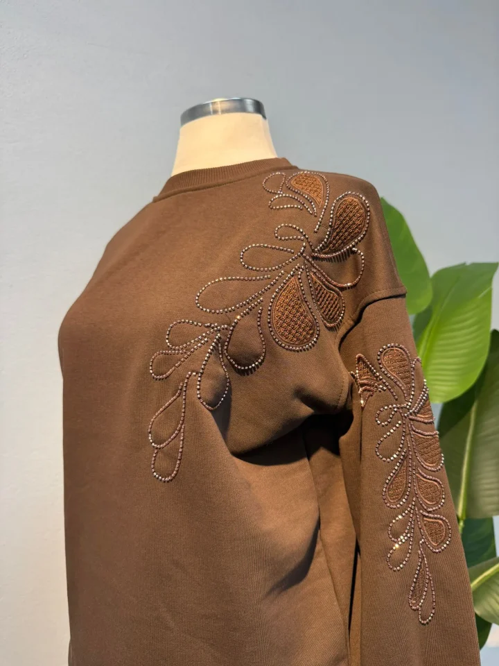Taş Detaylı Sweat Kahverengi - Entare Butik