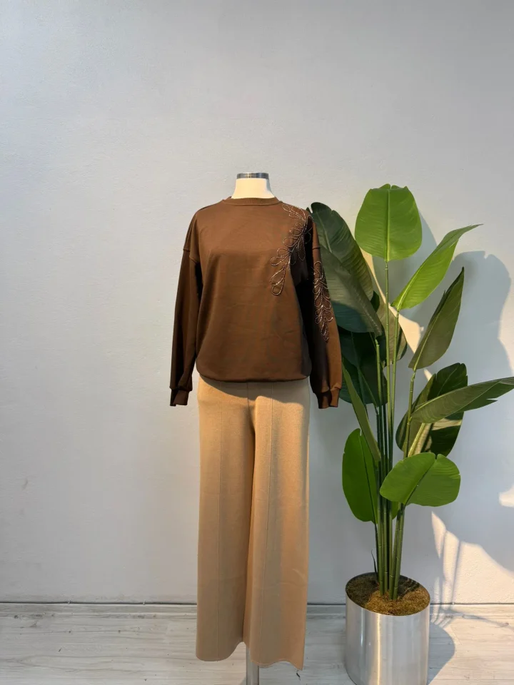 Taş Detaylı Sweat Kahverengi - Entare Butik