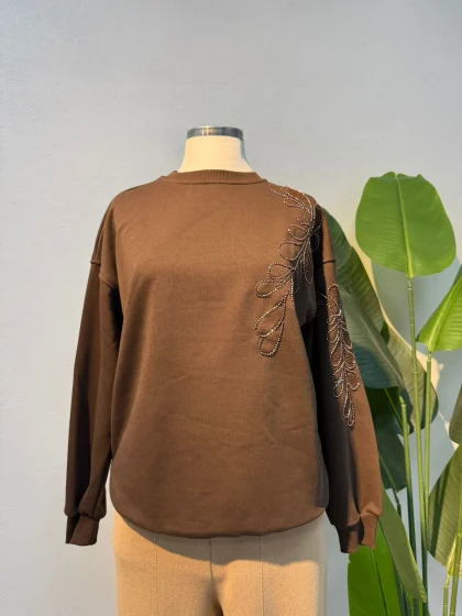Taş Detaylı Sweat Kahverengi - Entare Butik
