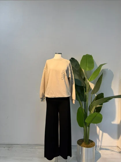 Taş Detaylı Sweat Krem - Entare Butik