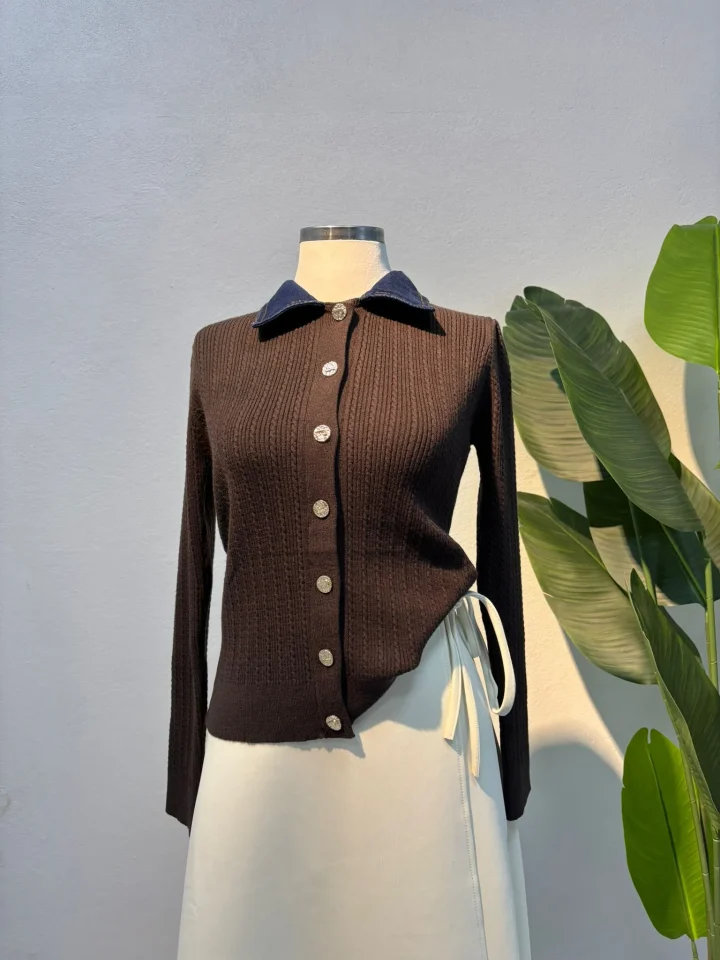 Kot Yaka Detaylı Triko Kahverengi - Entare Butik