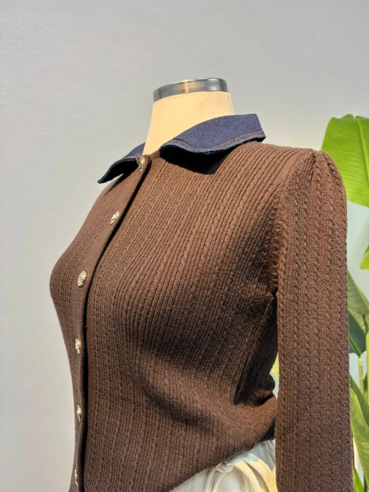 Kot Yaka Detaylı Triko Kahverengi - Entare Butik