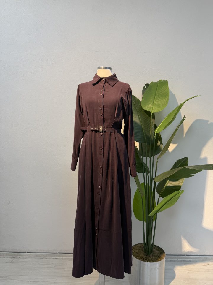 Kemer Detaylı Qupra Elbise – Mürdüm- Entare Butik