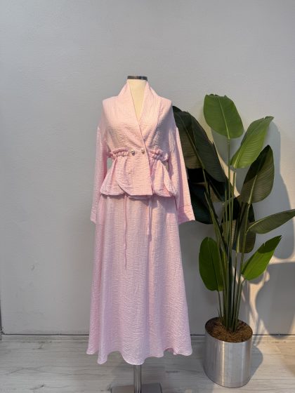 Büzgülü Tensel Müslim Kumaş Etekli Takım – Pembe-Entare Butik