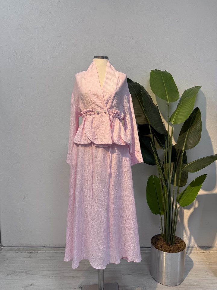 Büzgülü Tensel Müslim Kumaş Etekli Takım – Pembe-Entare Butik