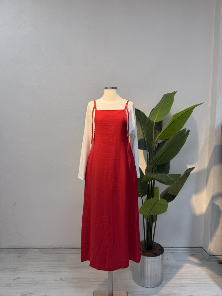 Tensel Kumaş Jile Elbise – Kırmızı-Entare Butik